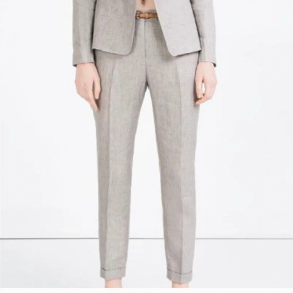 ZARA Light Gray Tailored Linen Tapered Straight Trousers